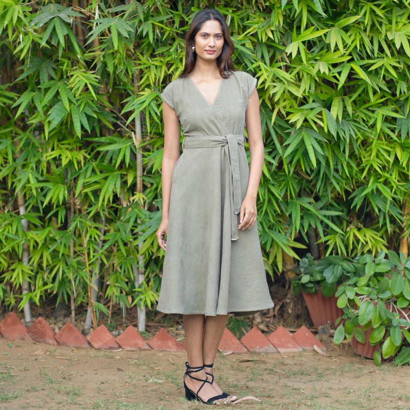 Bronze Grey Warm Cotton Corduroy V-Neck Fit and Flare Midi Dress