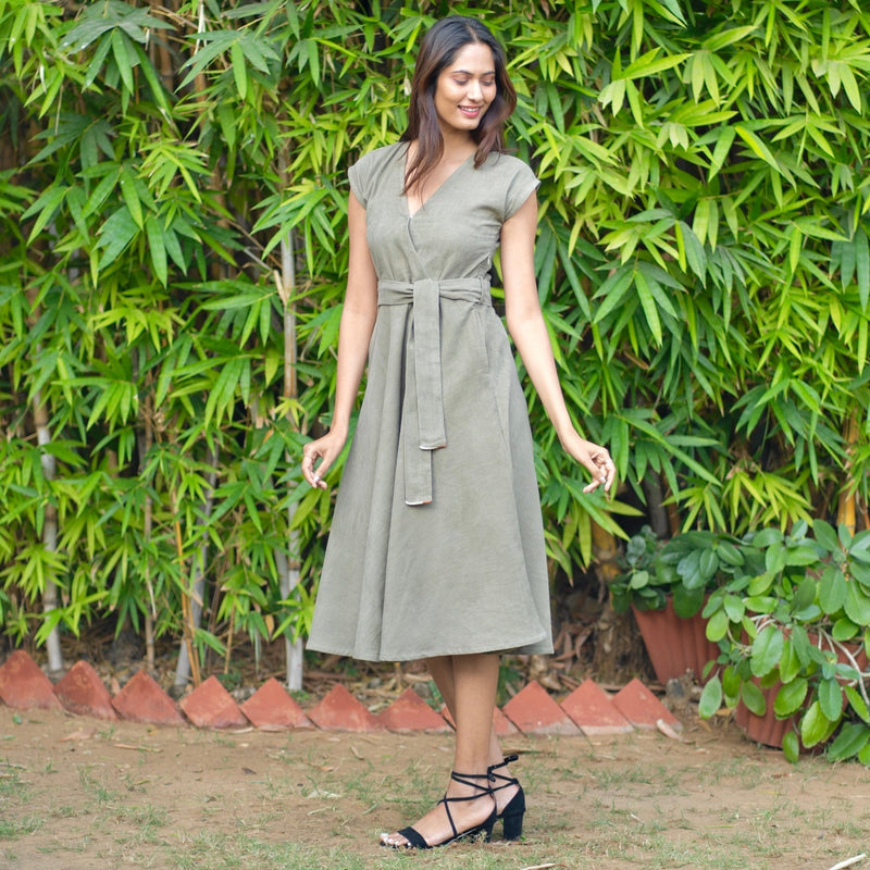 Bronze Grey Warm Cotton Corduroy V-Neck Fit and Flare Midi Dress