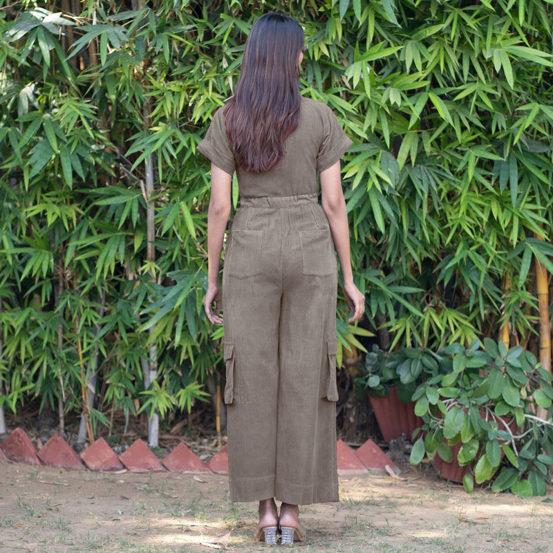 Bronze Grey Warm Cotton Corduroy Wide Legged Wrap Cargo Jumpsuit