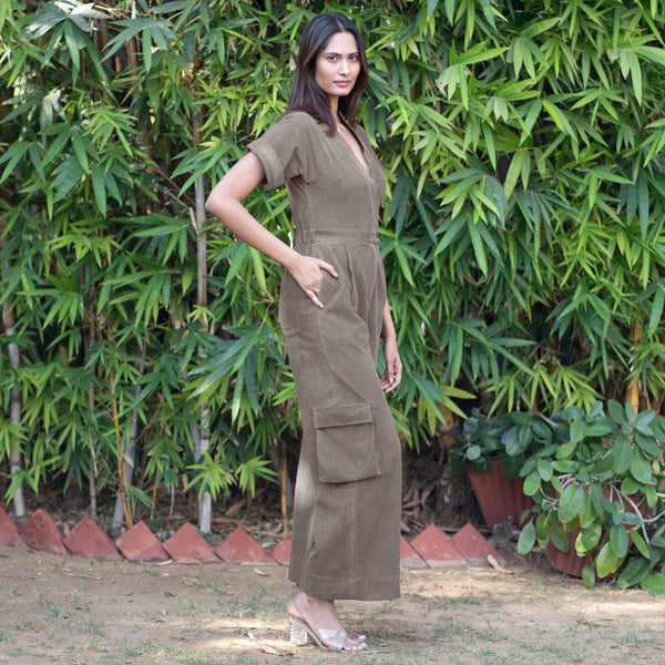 Bronze Grey Warm Cotton Corduroy Wide Legged Wrap Cargo Jumpsuit