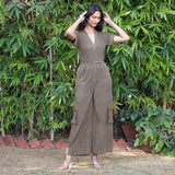 Bronze Grey Warm Cotton Corduroy Wide Legged Wrap Cargo Jumpsuit