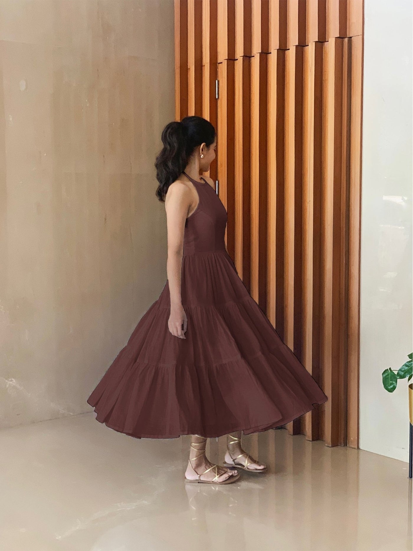 Brown 100% Cotton Halter Neck Tier Midi Dress 70