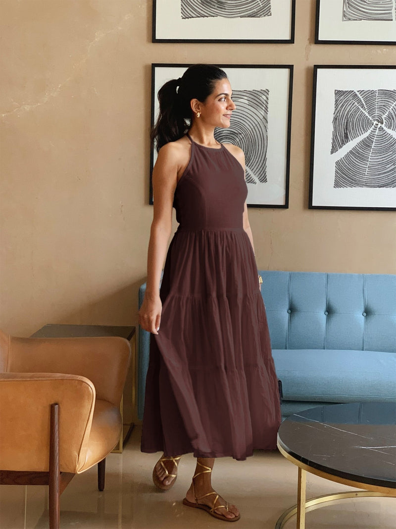 Brown 100% Cotton Halter Neck Tier Midi Dress 34" / Petite (5'1" and below) Brown 100% Cotton Halter Neck Tier Midi Dress 34" / Petite (5'1" and below)