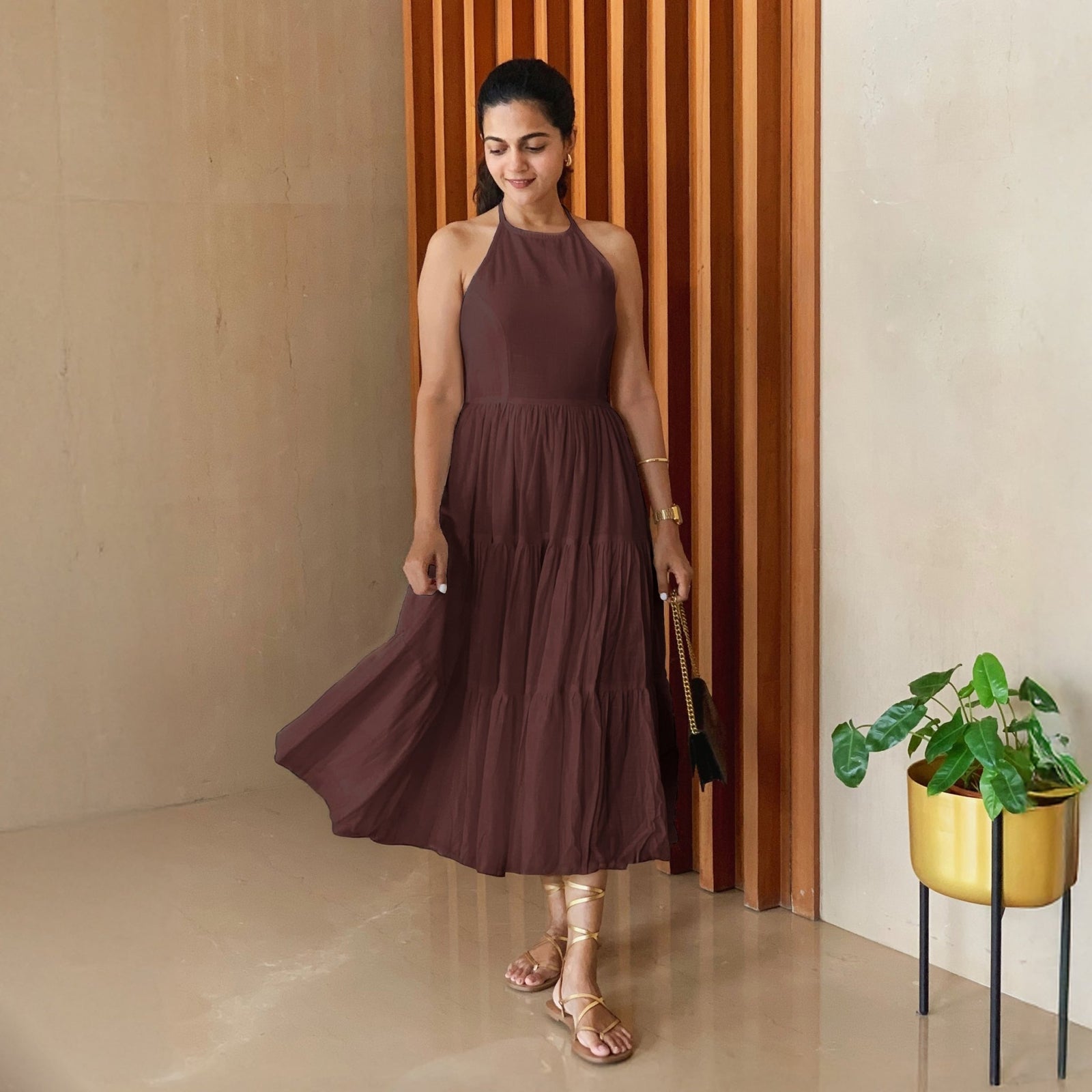 blue dress for baby girl Chanterra Brown Halter-Neck Maxi Dress With Draped-Detailing – Club L  London main image 1