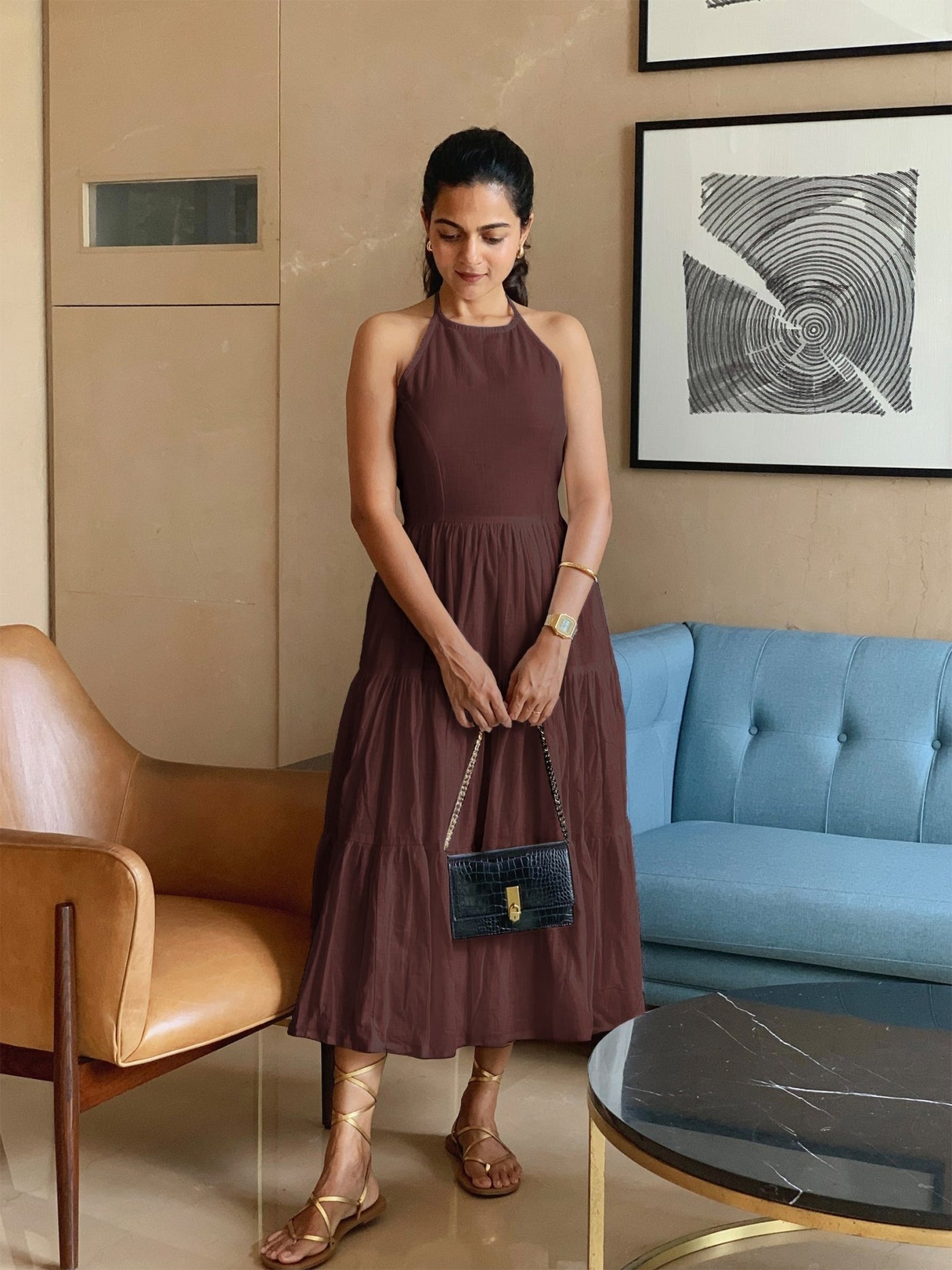 Brown 100% Cotton Halter Neck Tier Midi Dress 26" / Tall (5'7" and above) Brown 100% Cotton Halter Neck Tier Midi Dress 26" / Tall (5'7" and above)