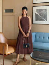 Brown 100% Cotton Halter Neck Tier Midi Dress