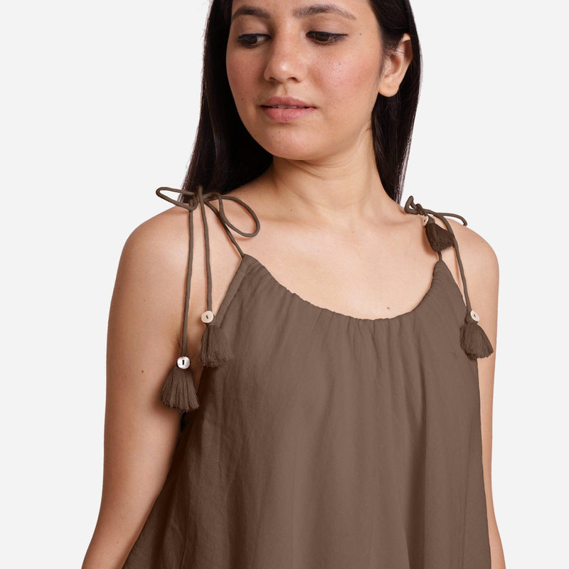 Brown 100% Cotton Tie-Up Shoulder Tier Mini Dress