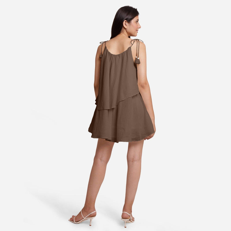 Brown 100% Cotton Tie-Up Shoulder Tier Mini Dress