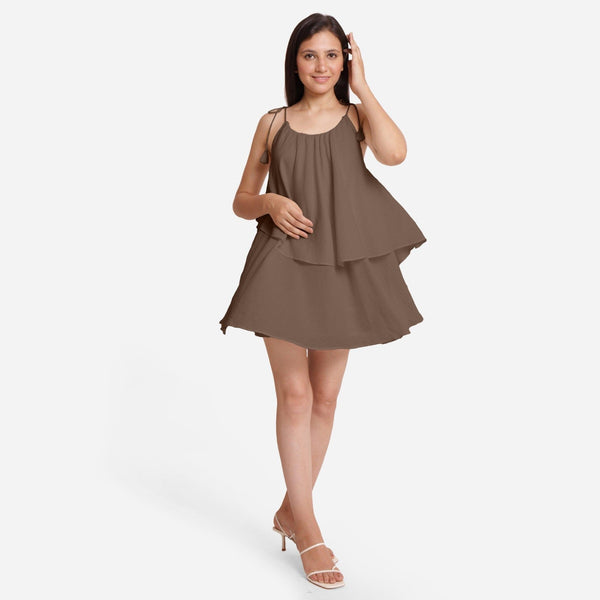 Brown 100% Cotton Tie-Up Shoulder Tier Mini Dress