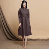 Front View of a Model wearing Brown Button Down Cotton Flax Knee Length Formal Dress