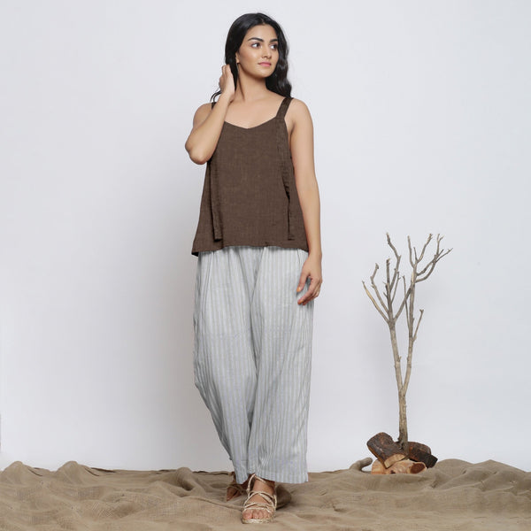 Brown Convertible Cotton Linen Tie-Up Top