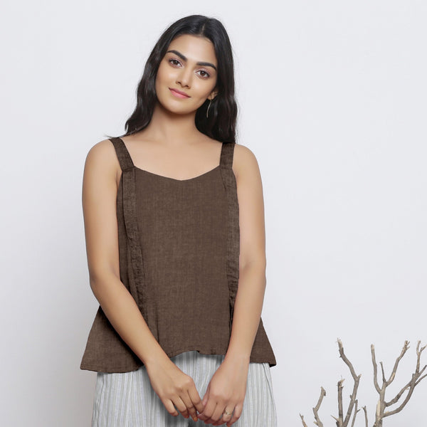 Brown Convertible Cotton Linen Tie-Up Top