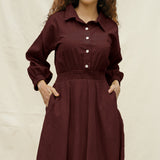 Brown Cotton Button-Down Yoked Maxi Dress