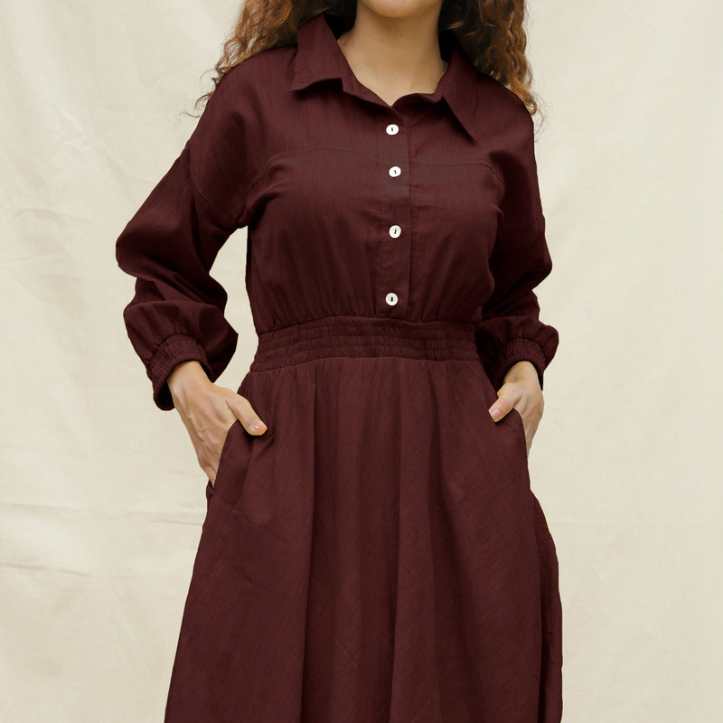 Brown Cotton Button-Down Yoked Maxi Dress
