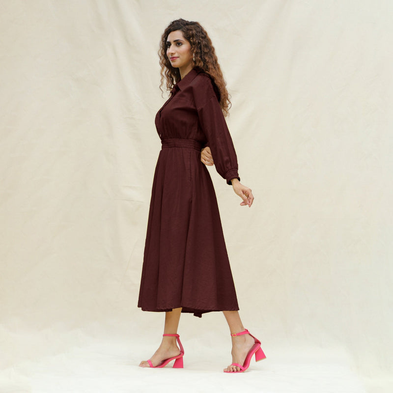 Brown Cotton Button-Down Yoked Maxi Dress