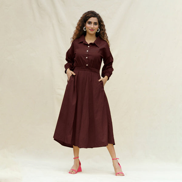 Brown Cotton Button-Down Yoked Maxi Dress