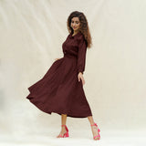 Brown Cotton Button-Down Yoked Maxi Dress
