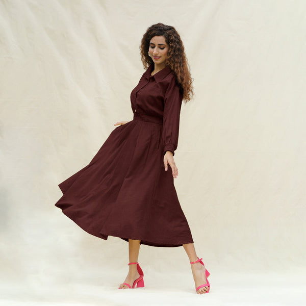 Brown Cotton Button-Down Yoked Maxi Dress