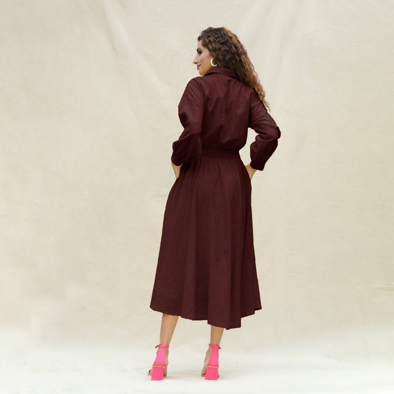 Brown Cotton Button-Down Yoked Maxi Dress