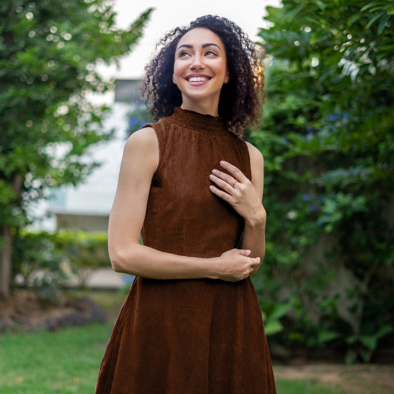 Brown Cotton Corduroy High-Neck Sleeveless Slit Dress Custom Size (Free) / Custom Height (Free) Brown Cotton Corduroy High-Neck Sleeveless Slit Dress Custom Size (Free) / Custom Height (Free)