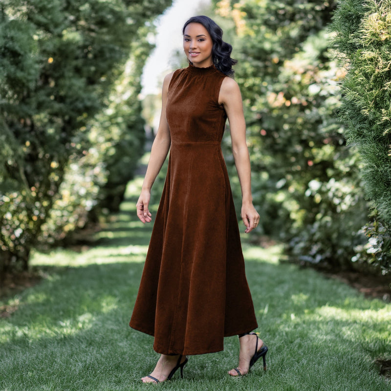 brown high slit dress Jarlo high neck maxi dress with thigh slit in chocolate