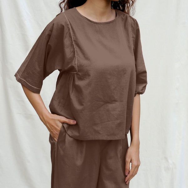 Brown Cotton Drop Shoulder Sleeves Gathered Top