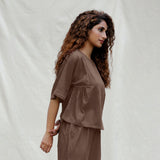 Brown Cotton Drop Shoulder Sleeves Gathered Top