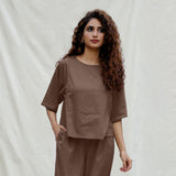 Brown Cotton Drop Shoulder Sleeves Gathered Top