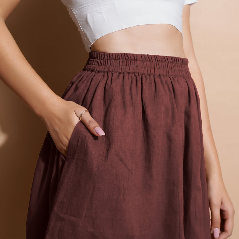Brown Cotton Flared Elasticated Knee Length Skirt