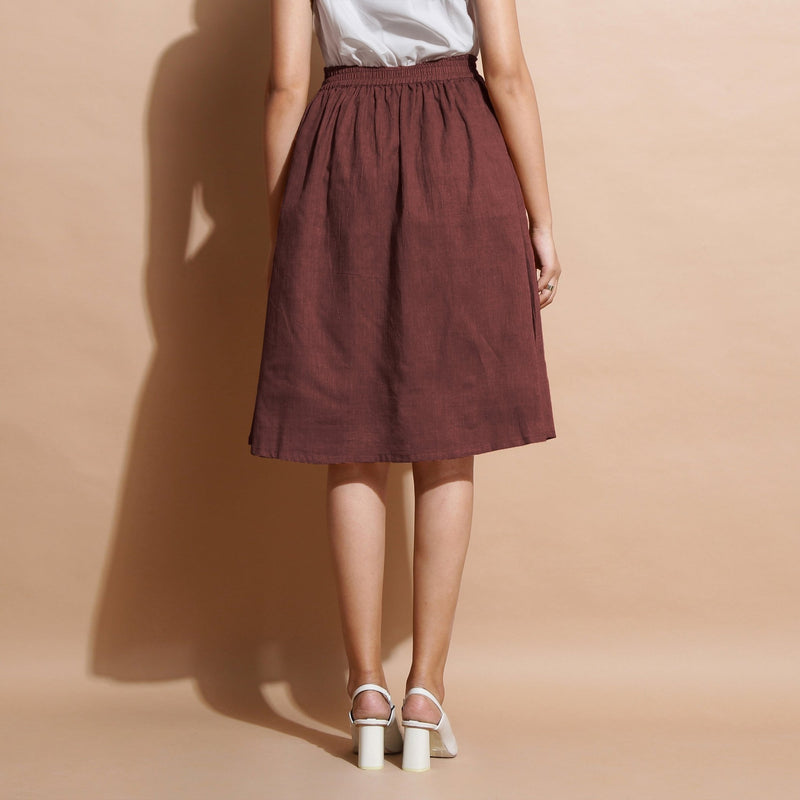 Brown Cotton Flared Elasticated Knee Length Skirt