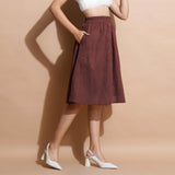 Brown Cotton Flared Elasticated Knee Length Skirt