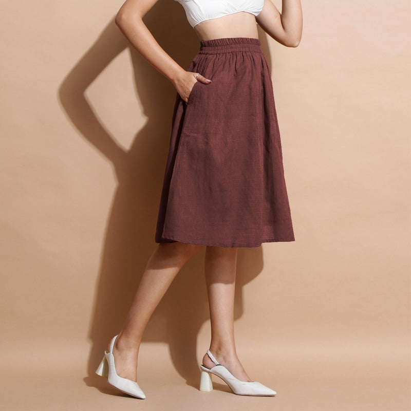 Brown Cotton Flared Elasticated Knee Length Skirt