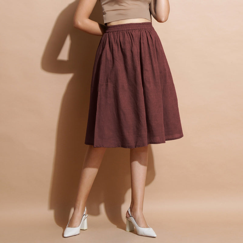 Brown Cotton Flared Elasticated Knee Length Skirt