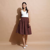 Brown Cotton Flared Elasticated Knee Length Skirt