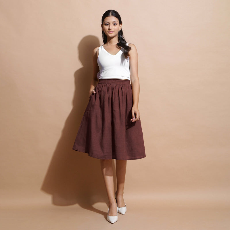 Brown Cotton Flared Elasticated Knee Length Skirt