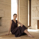 Brown Cotton Flax A-Line Deep Neck Sleeveless Maxi Tier Dress