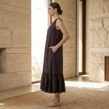Brown Cotton Flax A-Line Deep Neck Sleeveless Maxi Tier Dress