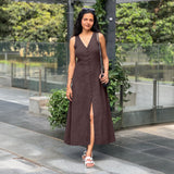 Brown Cotton Flax A-Line Front Slit Maxi Dress