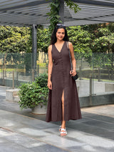 Brown Cotton Flax A-Line Front Slit Maxi Dress