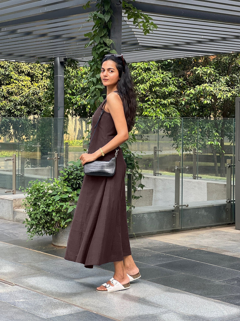 Brown Cotton Flax A-Line Front Slit Maxi Dress