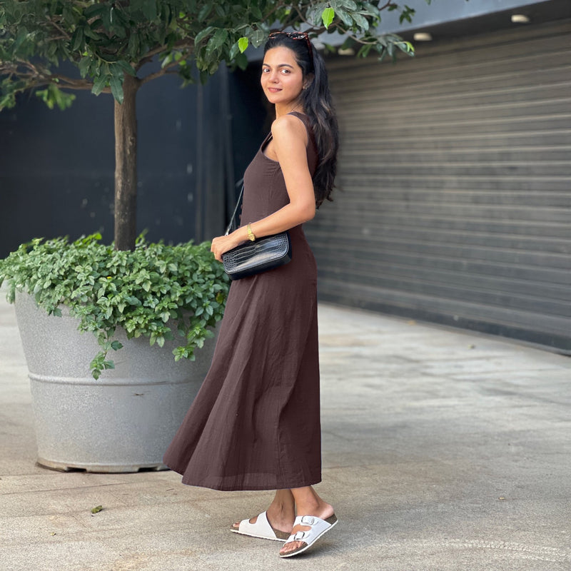 Brown Cotton Flax A-Line Front Slit Maxi Dress