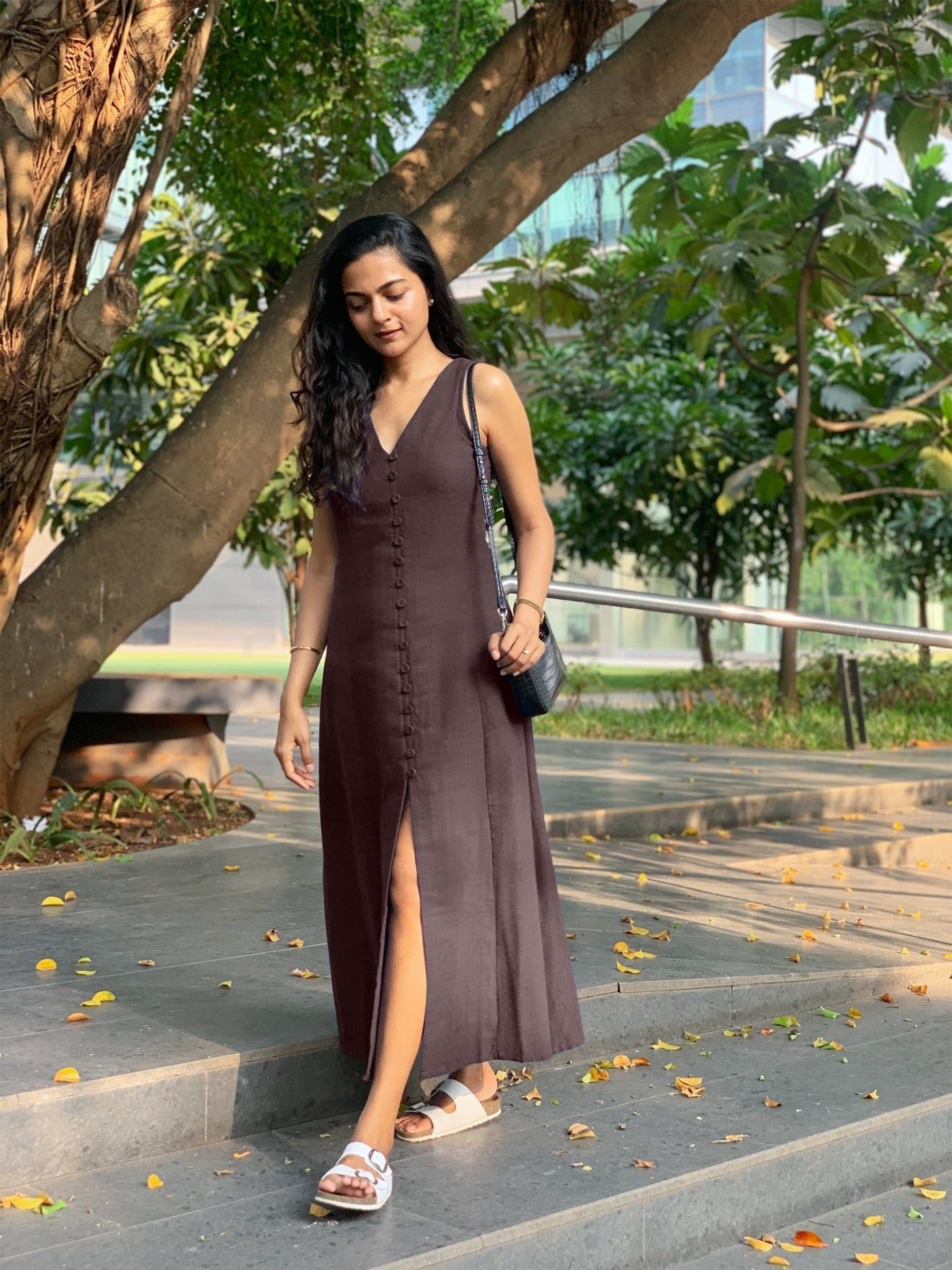 brown maxi dress cotton Flax A-Line Front Slit brown dress