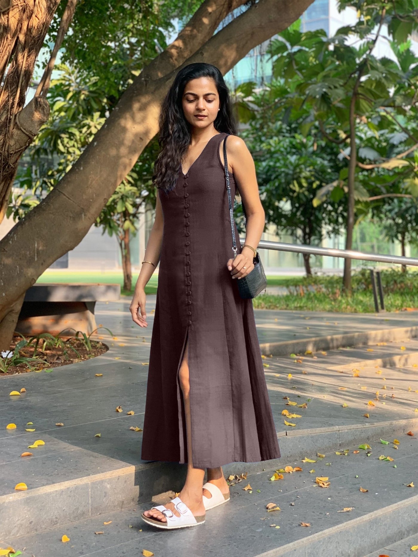brown dress with slit Cotton Flax A-Line Front Maxi Waist 26.5