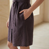 Brown Cotton Flax A-Line Short Dress with Belt