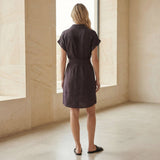 Brown Cotton Flax A-Line Short Dress with Belt