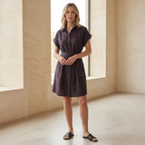 Brown Cotton Flax A-Line Short Dress with Belt