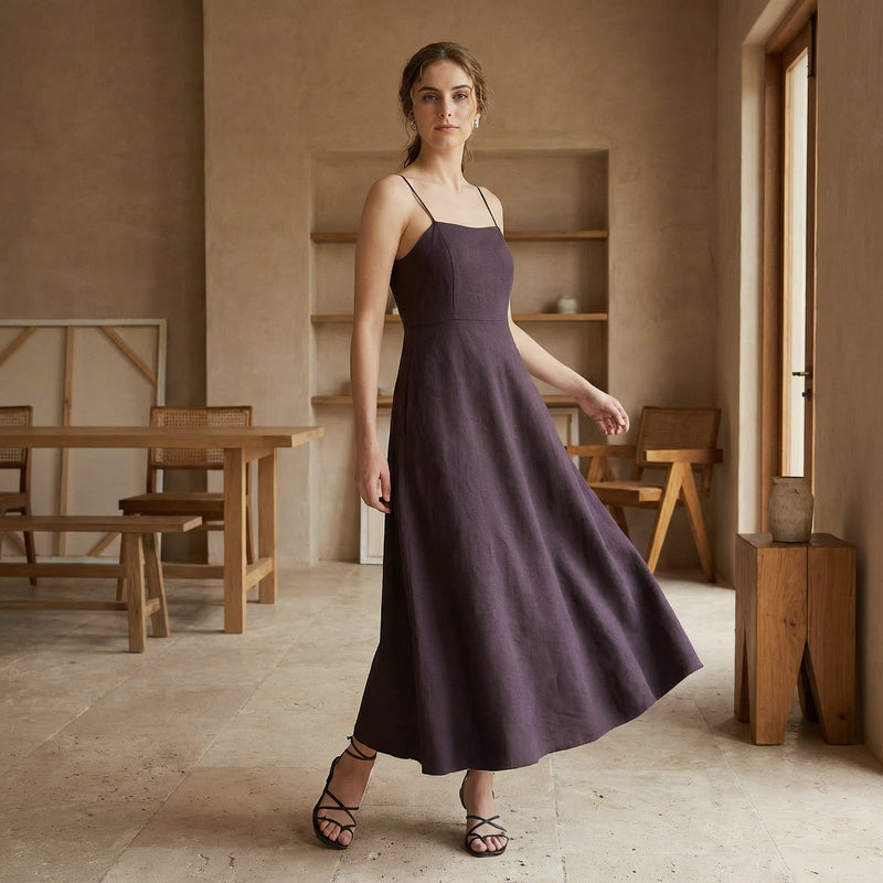 Brown Cotton Flax Ankle Length Flared Sundress 40