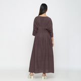 Brown Cotton Flax Ankle Length Pleated Flared Dress