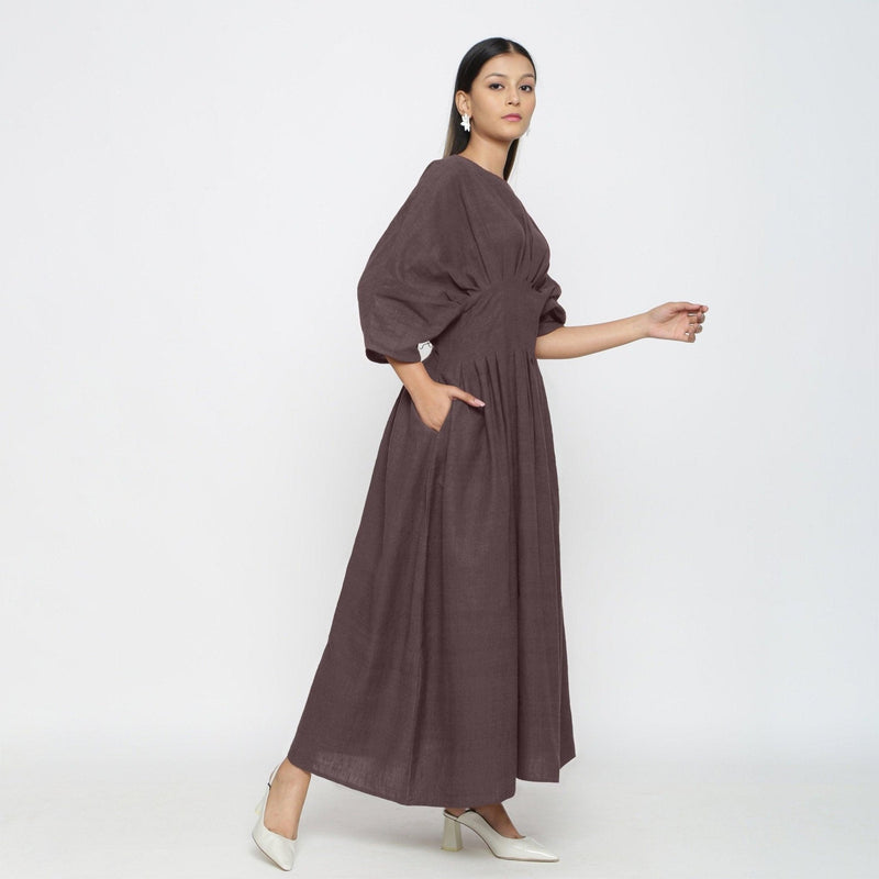 Brown Cotton Flax Ankle Length Pleated Flared Dress