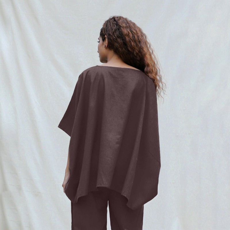 Brown Cotton Flax Boat Neck Short Kaftan Top